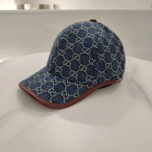 Gucci Blue Monogram Denim Baseball Cap with Brown Trim